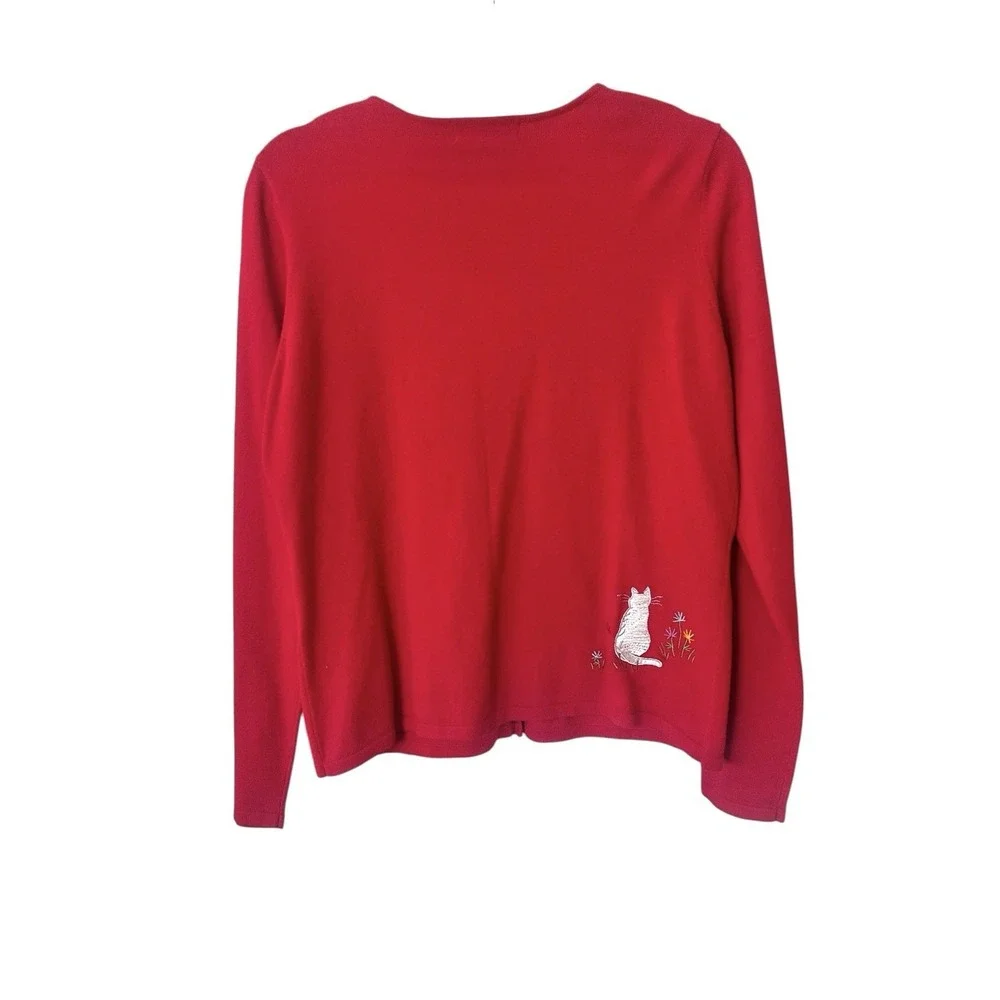 Vintage Northern Isles‎ Cardigan Sweater Red Embroidered Cats Whimsy Large